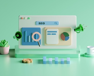 An abstract, pastel-colored, 3D-rendered representation of data analysis and search engine optimization (SEO). The image features a computer interface with various analytics symbols, including a magnifying glass, bar charts, pie charts, and a search bar with the text 'SEO'. Surrounding the interface are different objects such as a potted plant, a cup with a saucer, and a megaphone, all placed on a light green background.