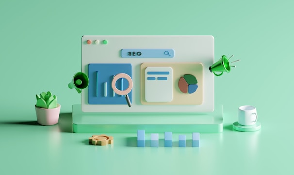 An abstract, pastel-colored, 3D-rendered representation of data analysis and search engine optimization (SEO). The image features a computer interface with various analytics symbols, including a magnifying glass, bar charts, pie charts, and a search bar with the text 'SEO'. Surrounding the interface are different objects such as a potted plant, a cup with a saucer, and a megaphone, all placed on a light green background.